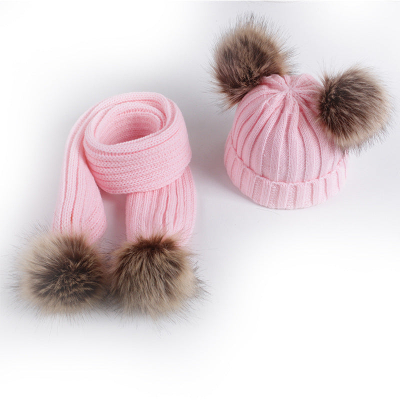 Wholesale Winter Children's Fur Ball Knitted Hat Scarf