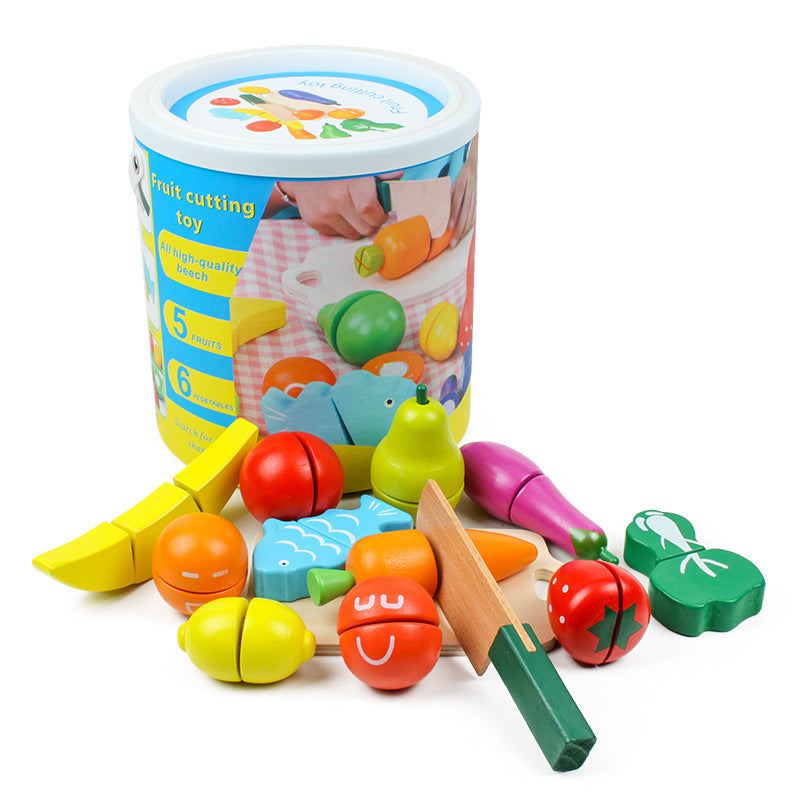 Wholesale Wooden Simulation Fruits and Vegetables, Enjoy Watching Magic Stickers, Bucket Packaging, Children's Early Education, Playing House, Kitchen Toys