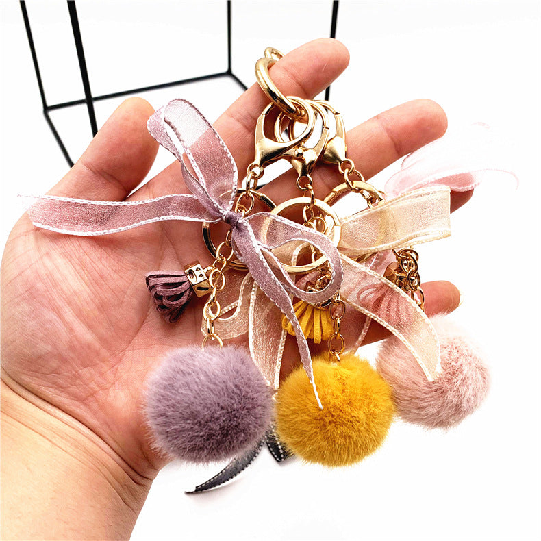 Wholesale Cute bow lace fur ball key chain