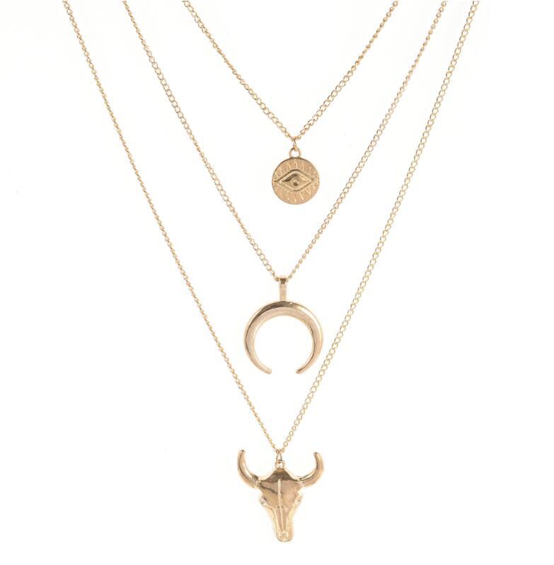 Wholesale Alloy Bull Head Geometric Disc Eyes Bull Horn Multi-Layer Necklace