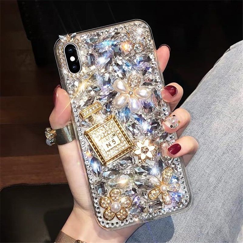 Wholesale Perfume Bottle, Rhinestone, Gold Flower, Acrylic Phone Case
