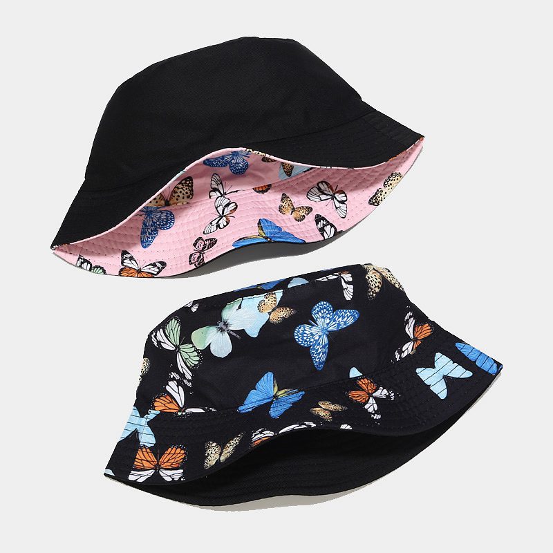 Wholesale  Colorful Butterfly Pattern Fisherman Hat Women's Summer Pure Cotton Double-sided Wearing Basin Hat Outdoor All-match Sun Hat