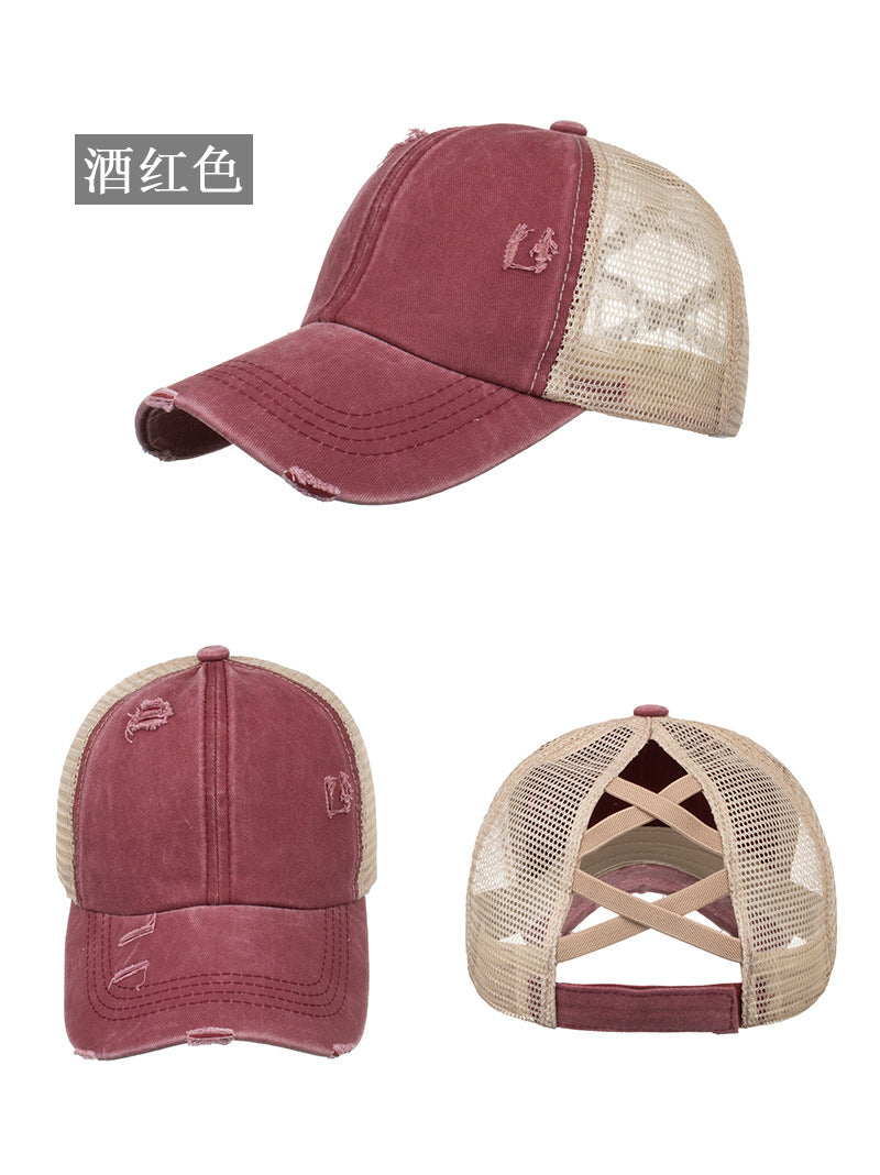 Wholesale Washed old light version cross elastic ponytail baseball net cap baseball cap cap Sun cap B719