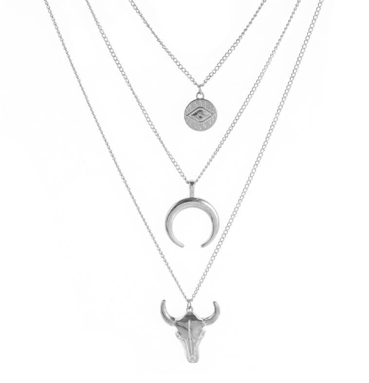 Wholesale Alloy Bull Head Geometric Disc Eyes Bull Horn Multi-Layer Necklace