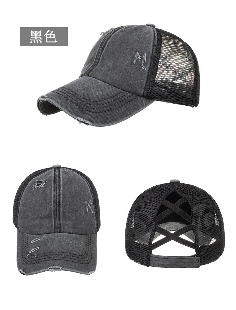 Wholesale Washed old light version cross elastic ponytail baseball net cap baseball cap cap Sun cap B719