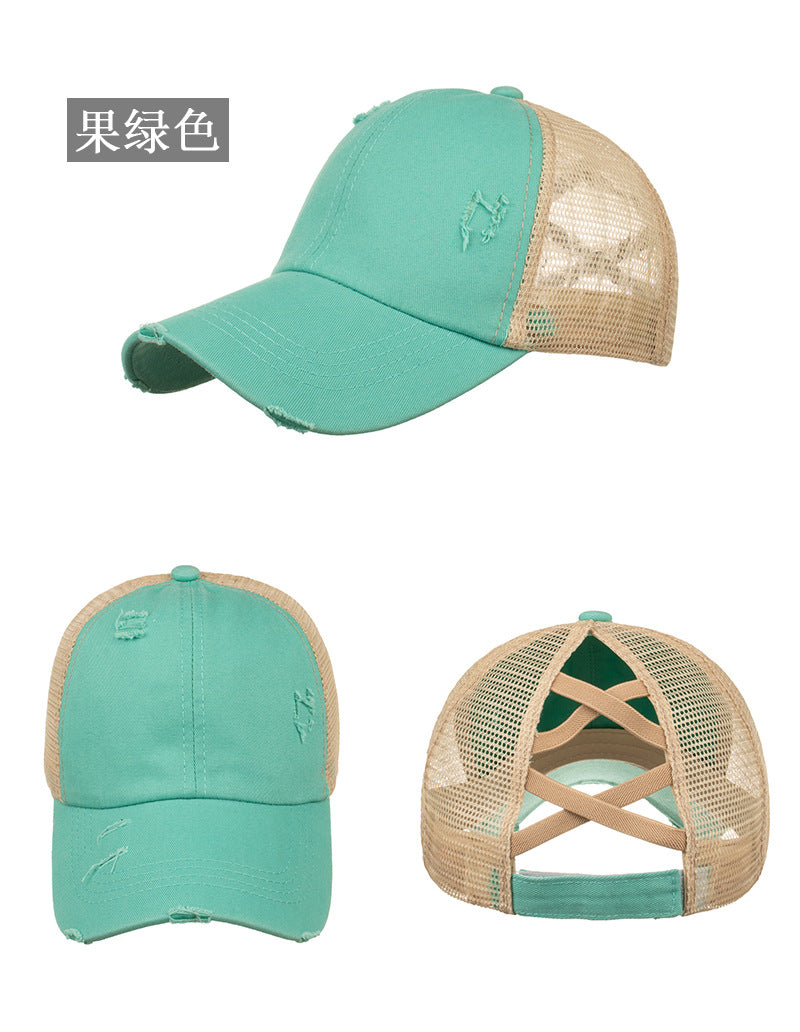 Wholesale Washed old light version cross elastic ponytail baseball net cap baseball cap cap Sun cap B719