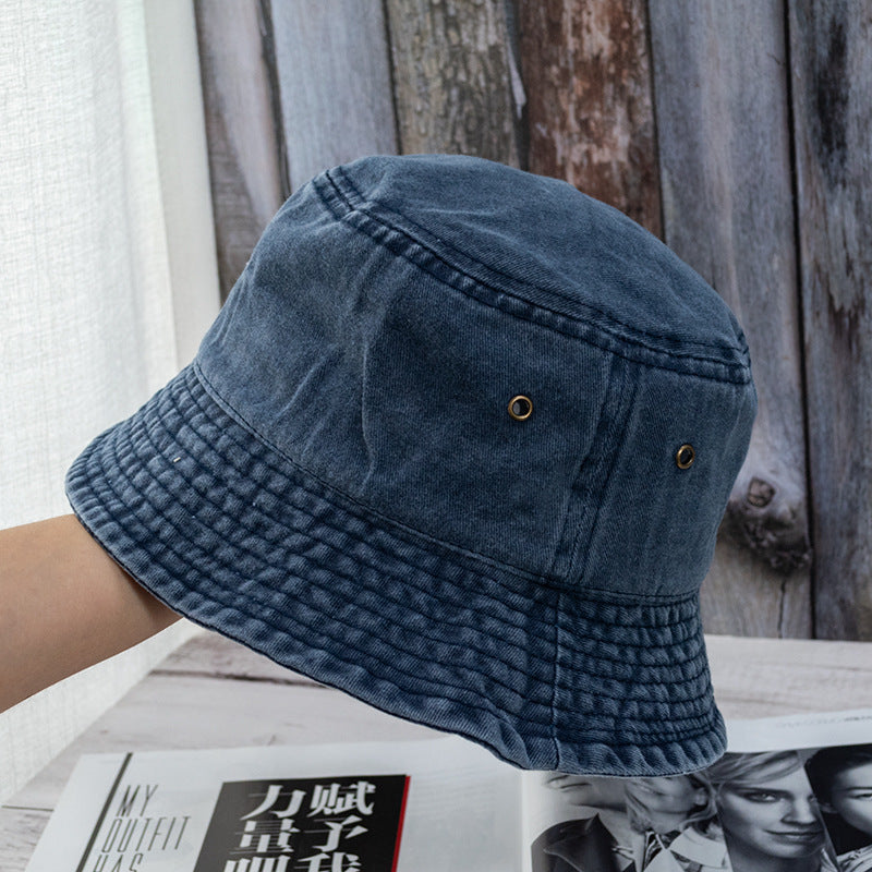 Wholesale Casual flat top washed distressed solid color bucket hat denim fisherman hat