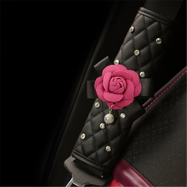 Wholesale Car Camellia Shoulder Cover Diamond Seat Belt Shoulder Cover Gear Handbrake Inner Set Rearview Mirror Leather Decor