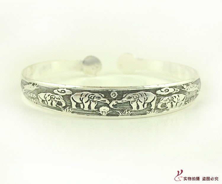 Wholesale Vintage elephant carved open women's dragon and phoenix bracelet ethnic style Tibetan silver bracelet Miao silver bracelet