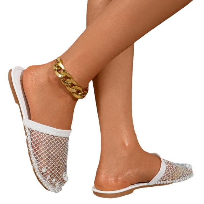 Wholesale Closed Toe Breathable Rhinestone Sexy Fishnet Flat Beach Roman Shoes