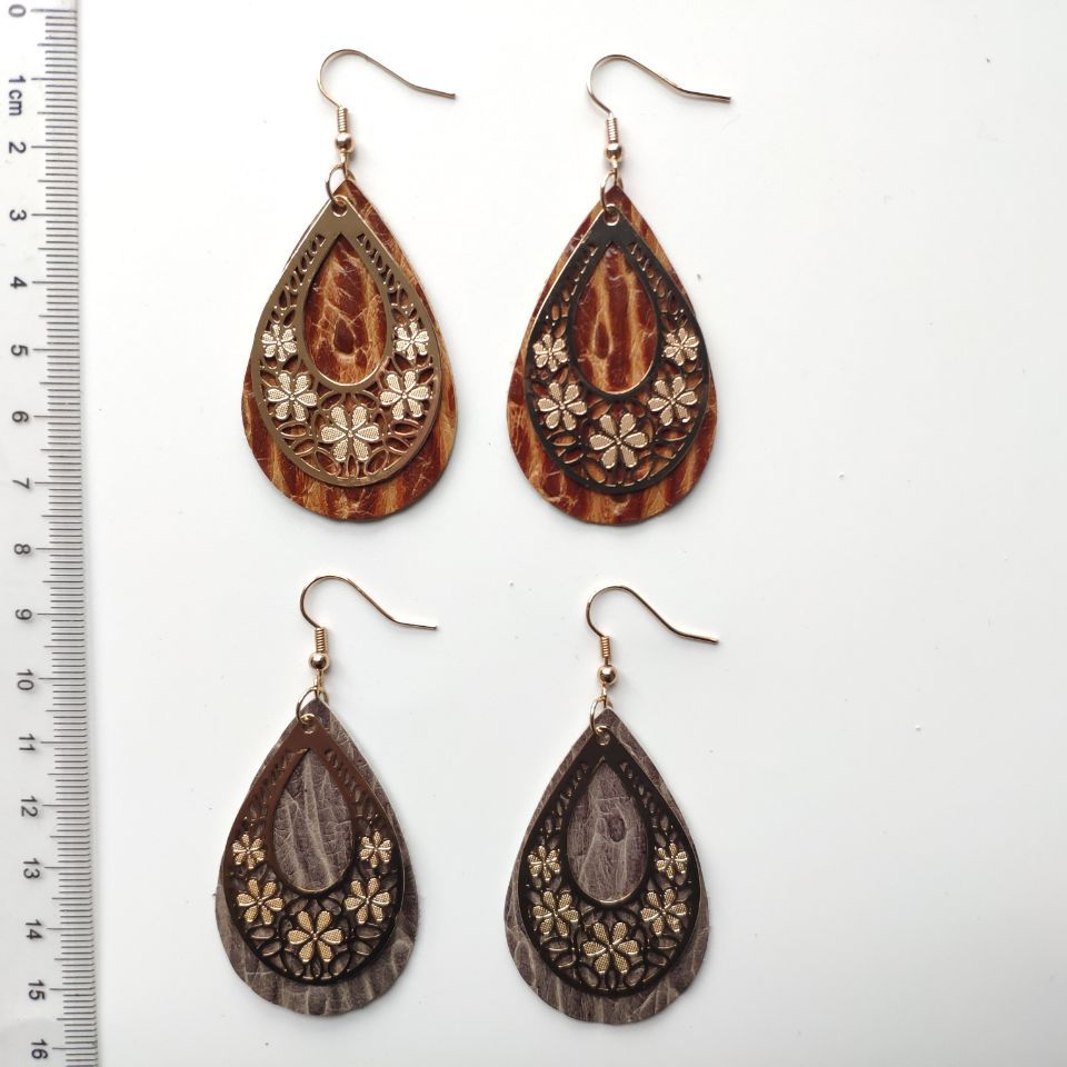 Wholesale 3pairs/pack Genuine Leather Hollow Flowers Earrings