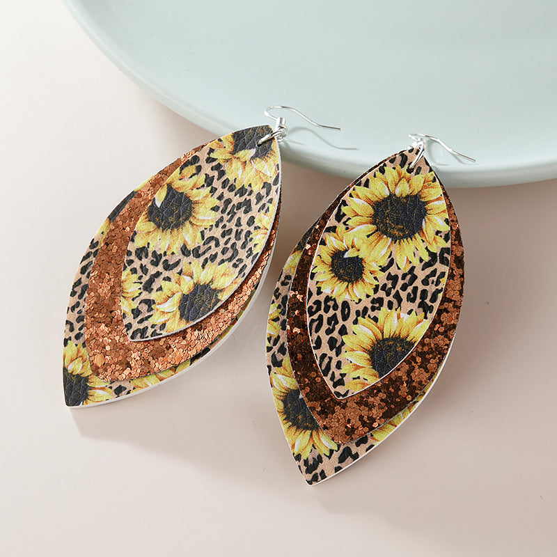 Wholesale Sunflowers, Sunflowers, Three Layer Sequins, Leaf Shaped Earrings, Leather Earrings
