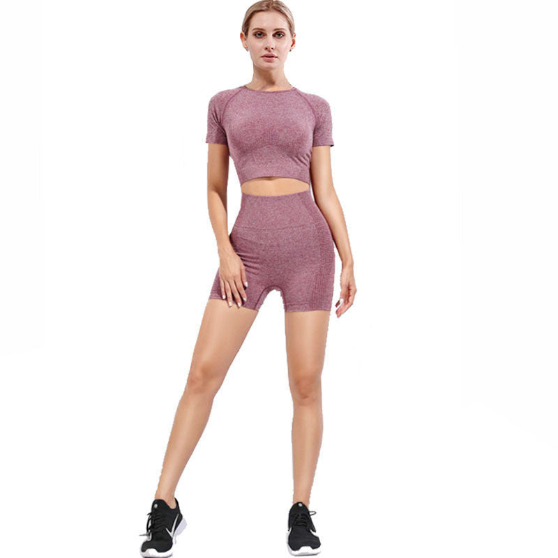 Wholesale Seamless Yoga Suit Little Short-sleeved Jacquard Sports Fitness Suit Quick-drying Seamless Yoga Suit