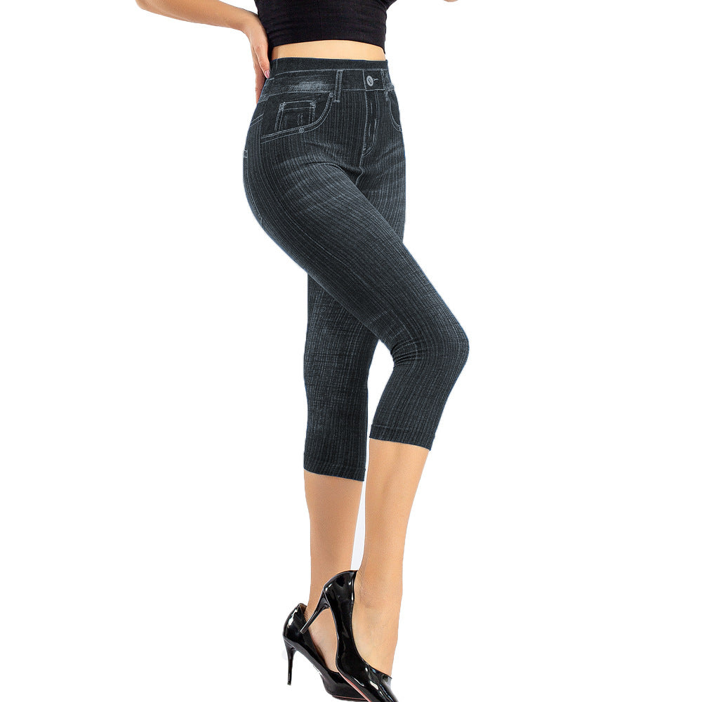 Wholesale Stretch Denim Leggings with Slim Fit and Raised Hips, Printed One-piece Pants