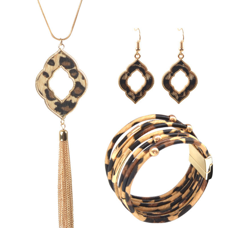 Wholesale Leopard Pattern Tassel Necklace Earrings Bracelet Set