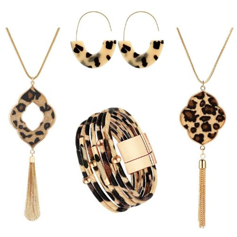 Wholesale Leopard Pattern Tassel Necklace Earrings Bracelet Set