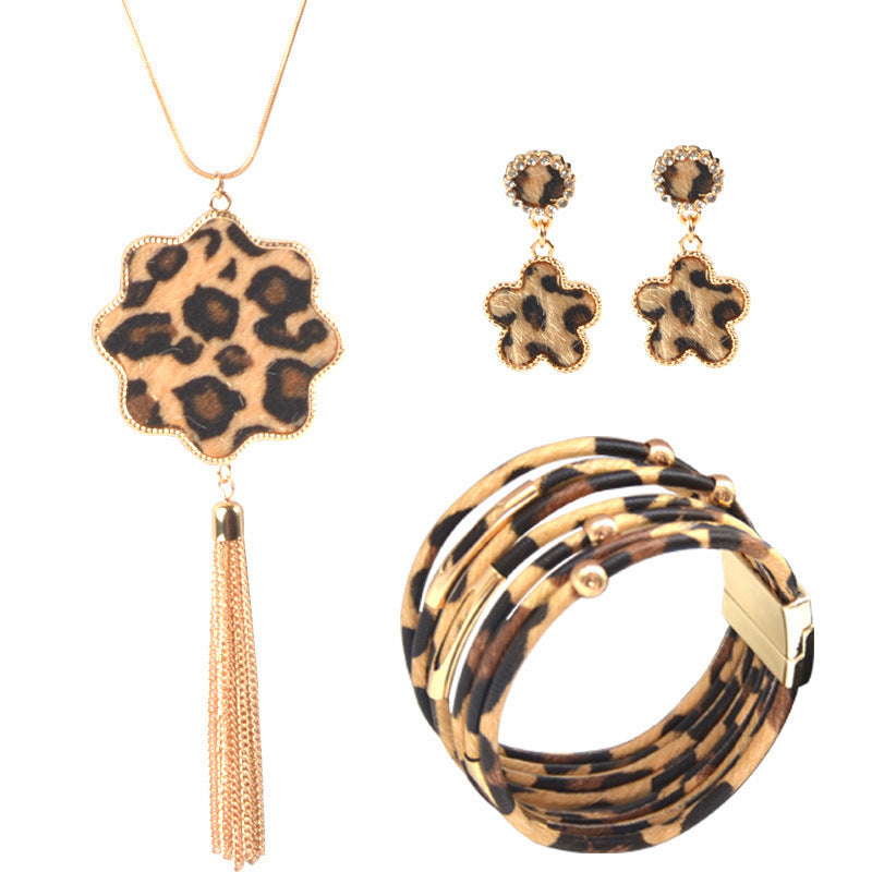 Wholesale Leopard Pattern Tassel Necklace Earrings Bracelet Set