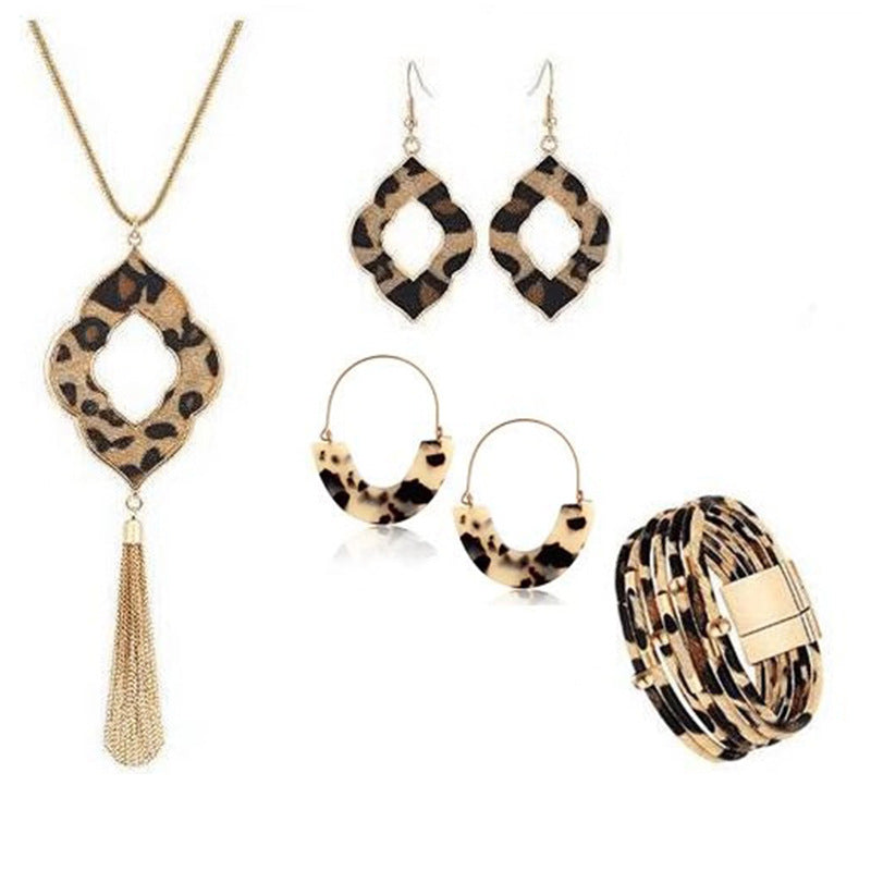 Wholesale Leopard Pattern Tassel Necklace Earrings Bracelet Set