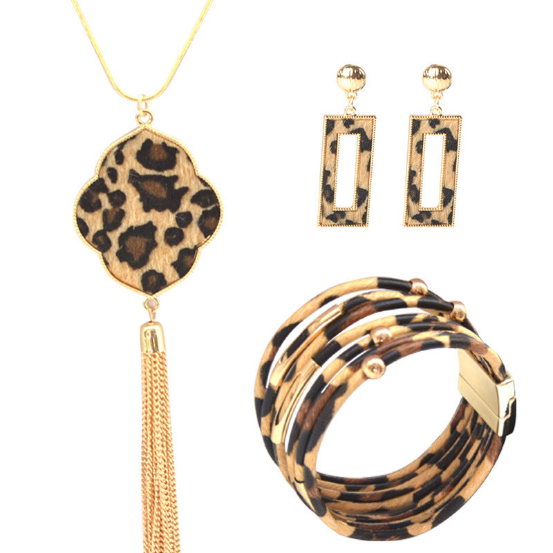 Wholesale Leopard Pattern Tassel Necklace Earrings Bracelet Set