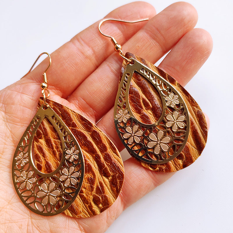 Wholesale 3pairs/pack Genuine Leather Hollow Flowers Earrings