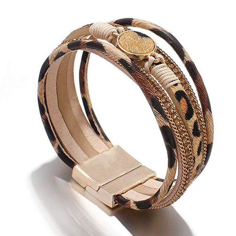 Wholesale Alloy Magnet Buckle Leopard Genuine Leather Horsehair Bracelet