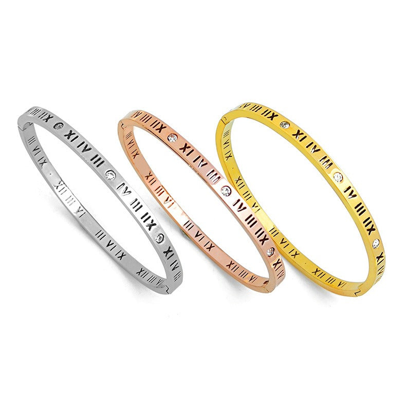 Wholesale Titanium Steel Roman Numeral Diamond Bangle