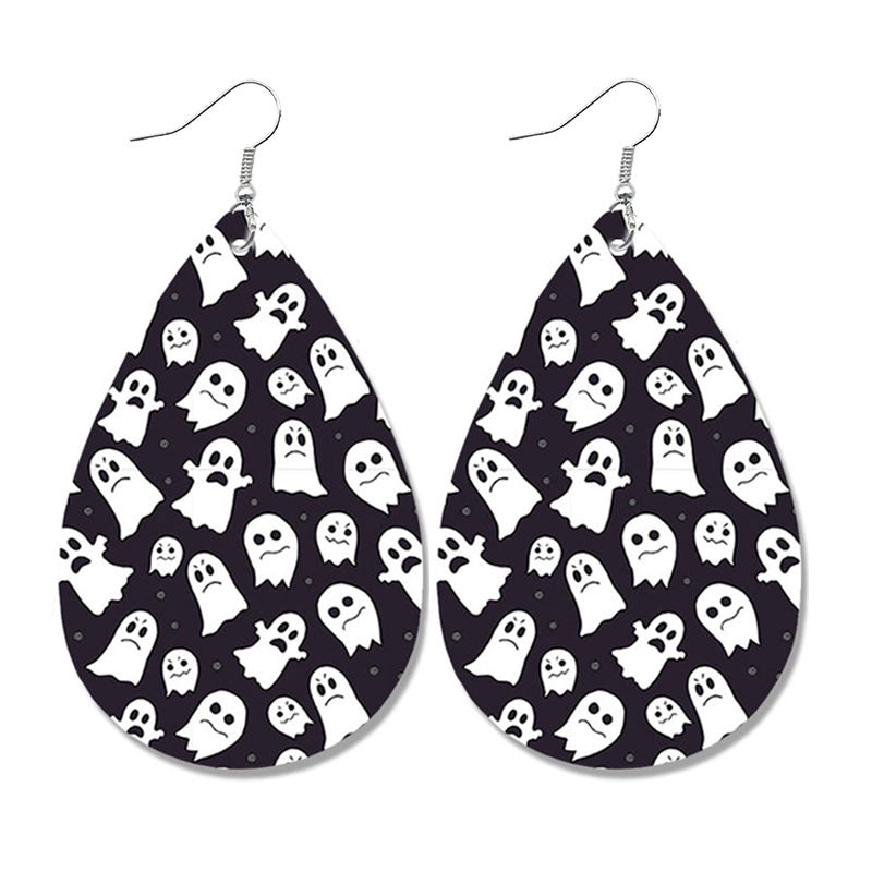 Wholesale Halloween Pumpkin Ghost Candy Print Water Drop Leather Earrings