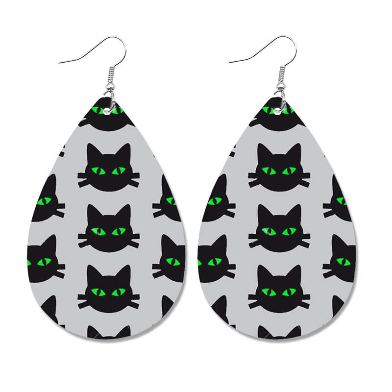 Wholesale Halloween Spider Fun Pumpkin Bat Print Water Drop Leather Earrings