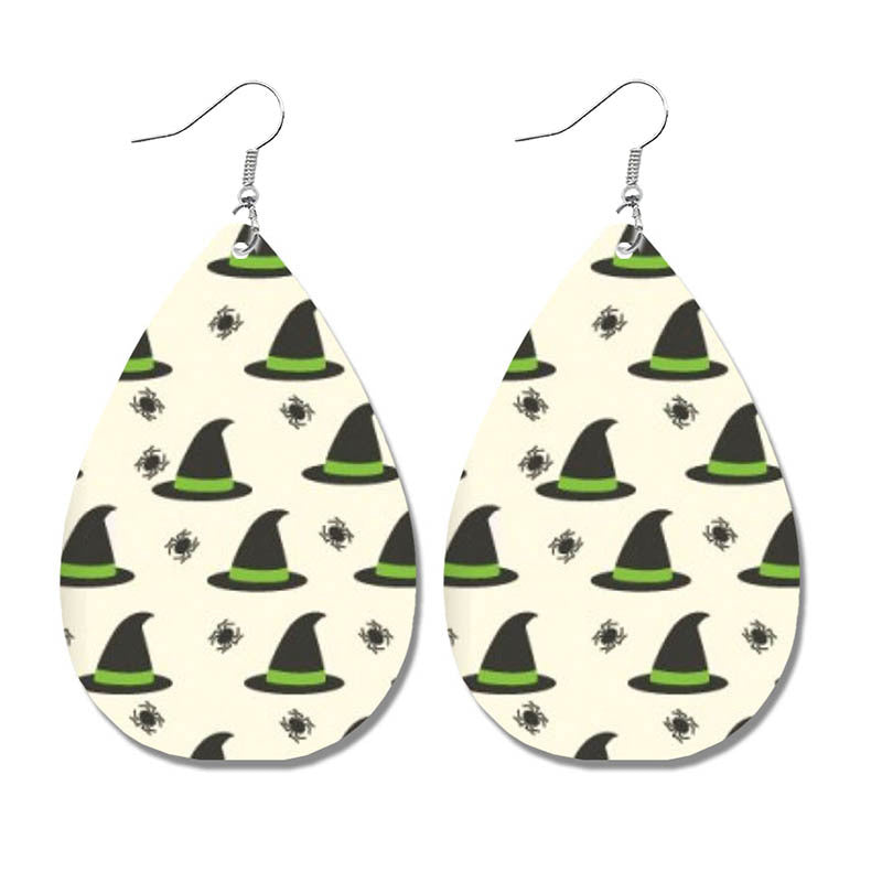 Wholesale Halloween Spider Fun Pumpkin Bat Print Water Drop Leather Earrings