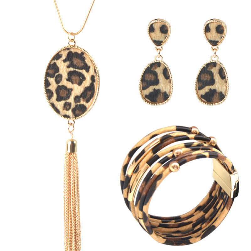 Wholesale Leopard Pattern Tassel Necklace Earrings Bracelet Set
