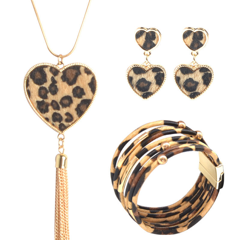 Wholesale Leopard Pattern Tassel Necklace Earrings Bracelet Set