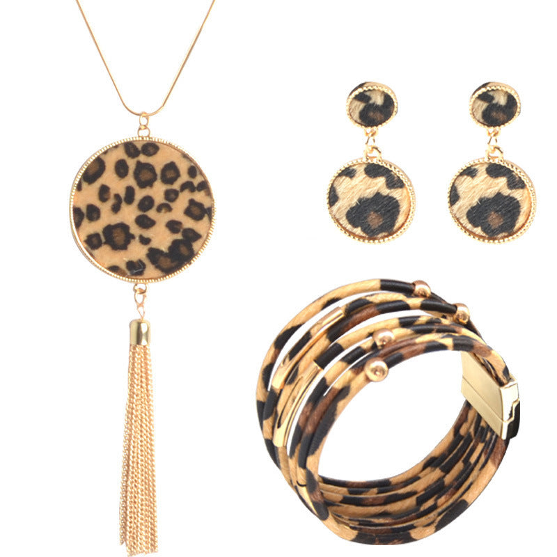 Wholesale Leopard Pattern Tassel Necklace Earrings Bracelet Set