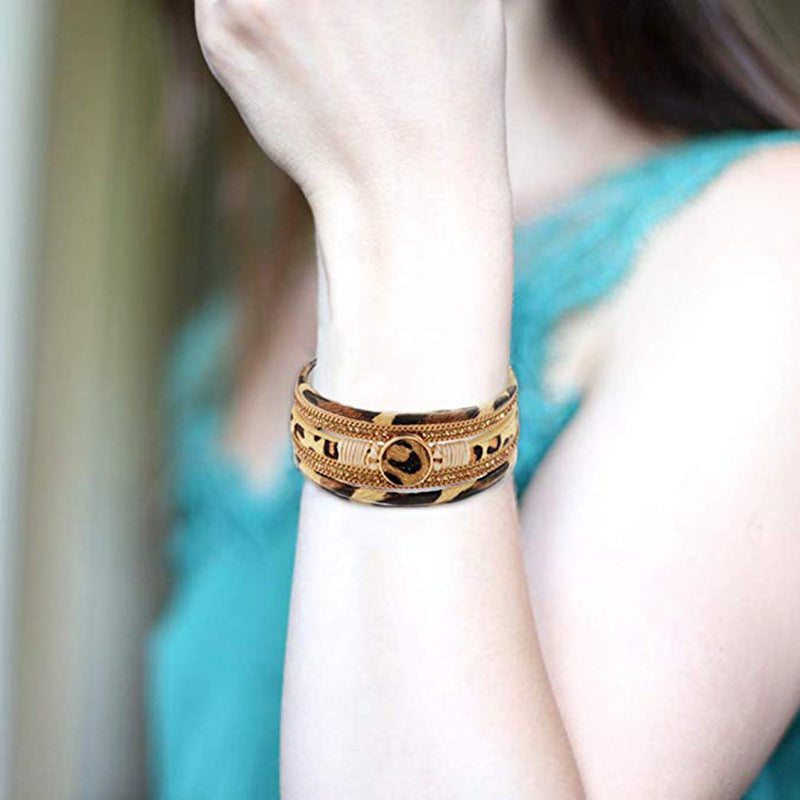 Wholesale Alloy Magnet Buckle Leopard Genuine Leather Horsehair Bracelet