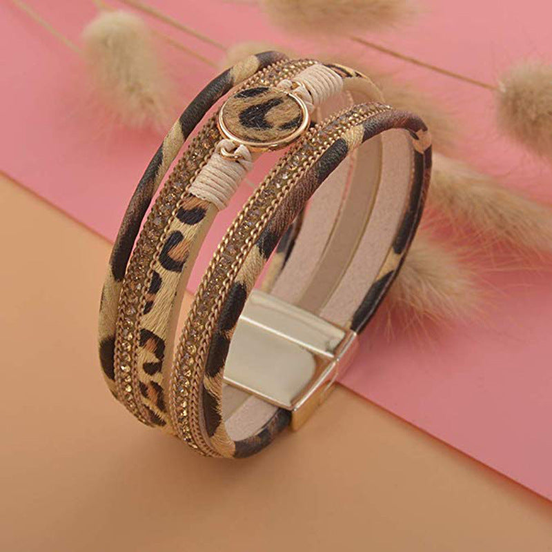 Wholesale Alloy Magnet Buckle Leopard Genuine Leather Horsehair Bracelet
