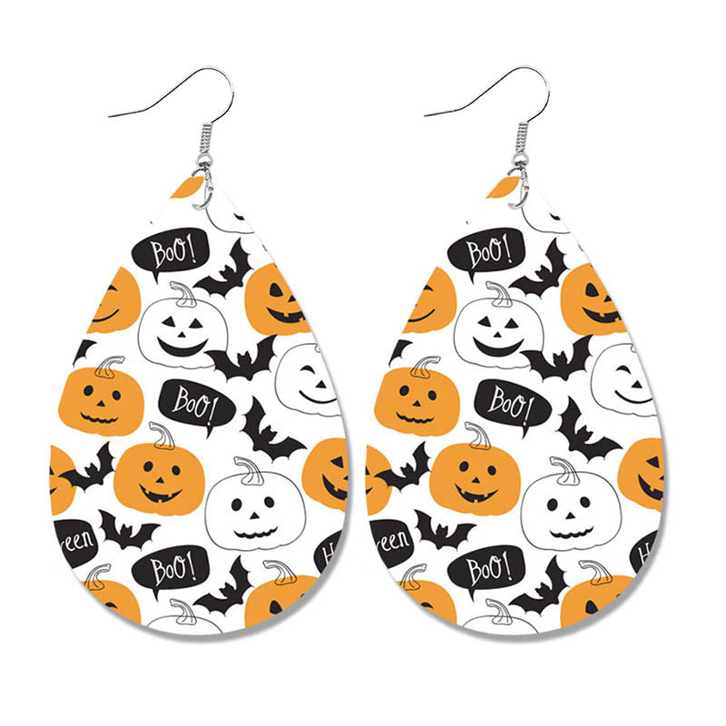 Wholesale Halloween Spider Fun Pumpkin Bat Print Water Drop Leather Earrings