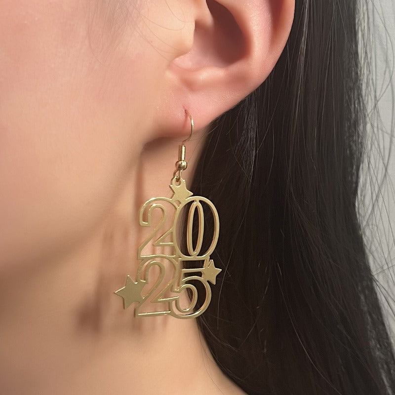Wholesale Personalized Creative Design Metal Hollow Number 2025 Unique Earrings
