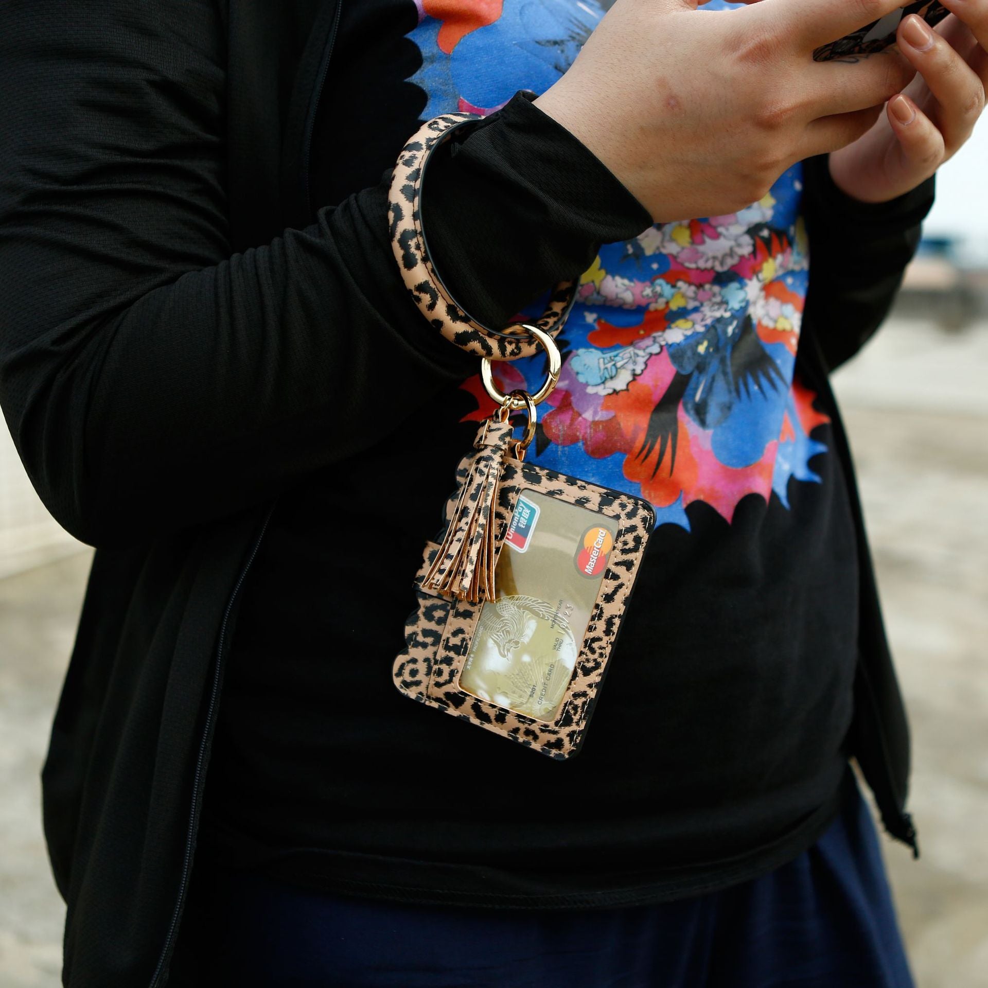 Llavero de muñeca de muñeca de bolsas para la tarjeta de patrón de leopardo de PU