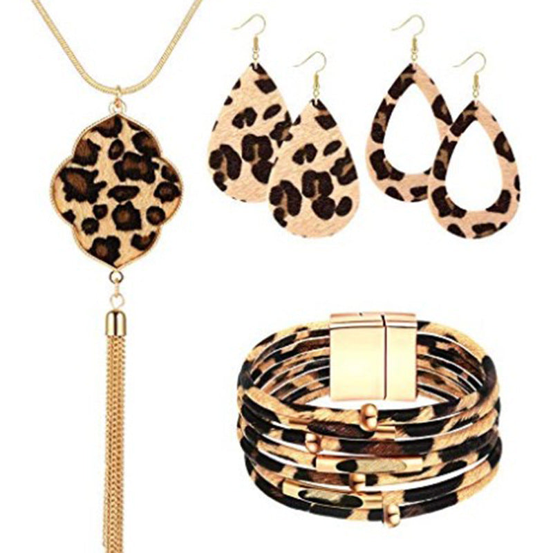 Wholesale Leopard Pattern Tassel Necklace Earrings Bracelet Set