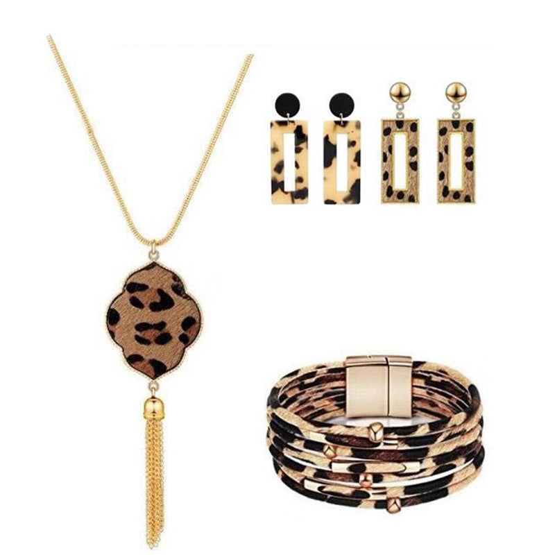 Wholesale Leopard Pattern Tassel Necklace Earrings Bracelet Set