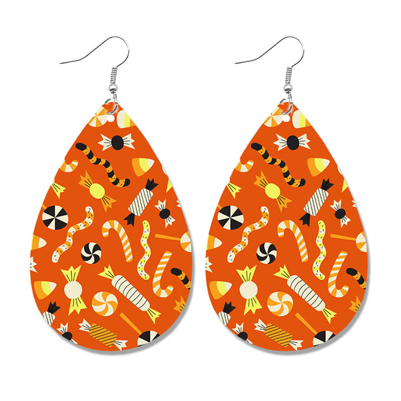 Wholesale Halloween Pumpkin Ghost Candy Print Water Drop Leather Earrings