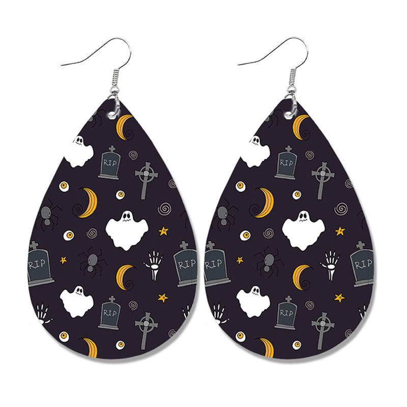 Wholesale Halloween Pumpkin Ghost Candy Print Water Drop Leather Earrings