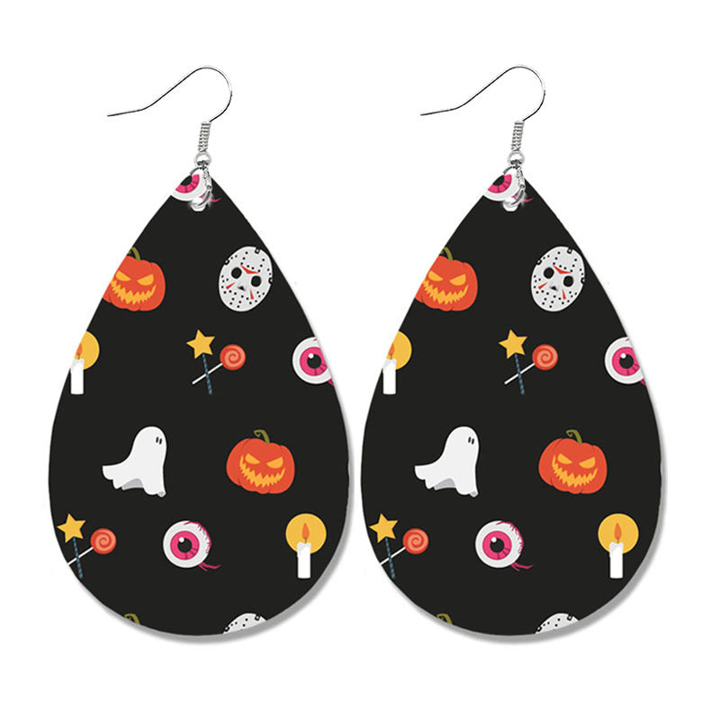 Wholesale Halloween Pumpkin Ghost Candy Print Water Drop Leather Earrings
