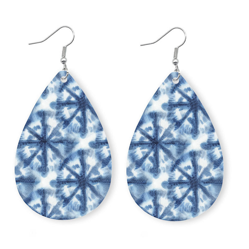 Wholesale 2 pairs/pack Blue and White Porcelain Tie-Dye Leather Earrings