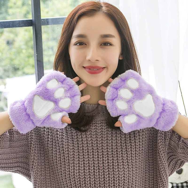 Wholesale Winter Fingerless Thickened Bear Paw Plush Half Finger Gloves