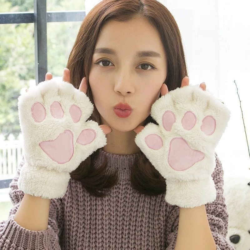Wholesale Winter Fingerless Thickened Warm Cat Claw Plush Half Finger Gloves
