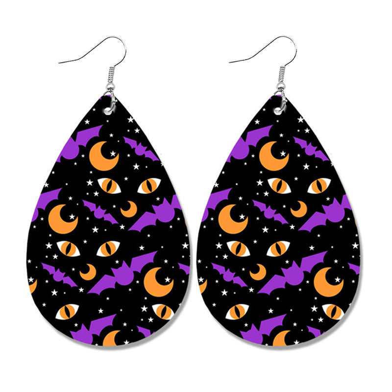 Wholesale Halloween Spider Fun Pumpkin Bat Print Water Drop Leather Earrings