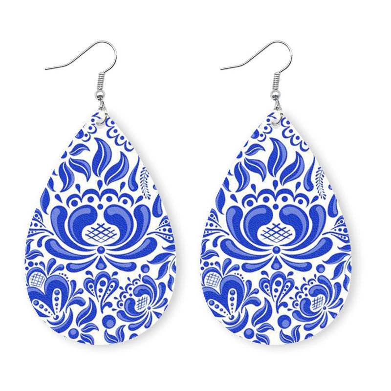 Wholesale 2 pairs/pack Blue and White Porcelain Tie-Dye Leather Earrings