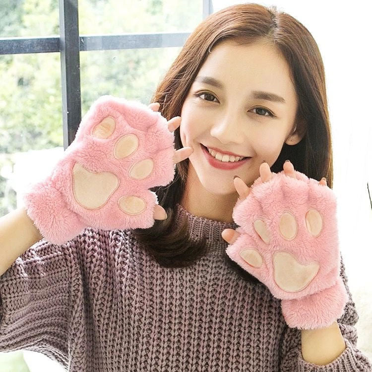 Wholesale Winter Fingerless Thickened Warm Cat Claw Plush Half Finger Gloves