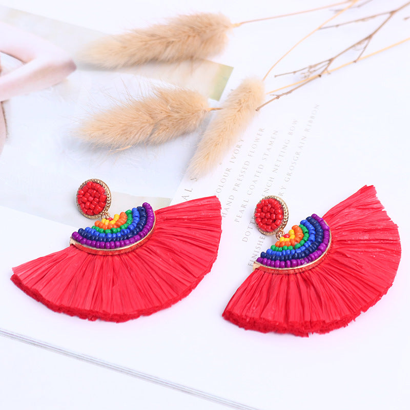 Wholesale Handwoven Color Block Rice Beads Exaggerated Raffia Earrings