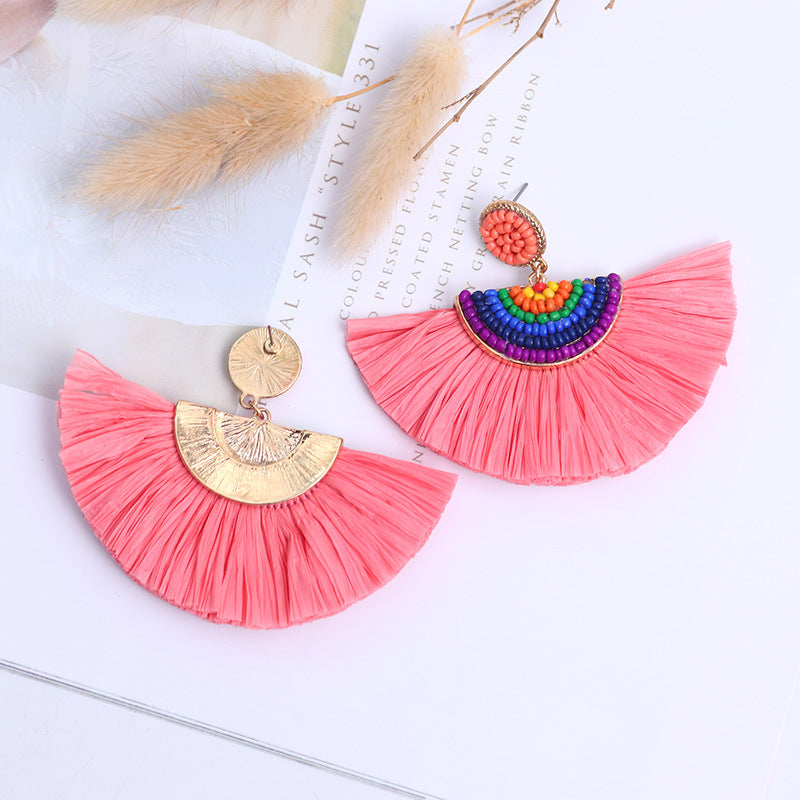 Wholesale Handwoven Color Block Rice Beads Exaggerated Raffia Earrings